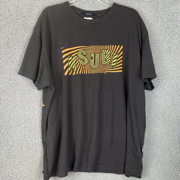 AUTHENTIC KSUBI GREY SPELL OUT LOGO TEE T-SHIRT ORANGE YELLOW LOGO SZ L Crosses - Picture 1 of 5